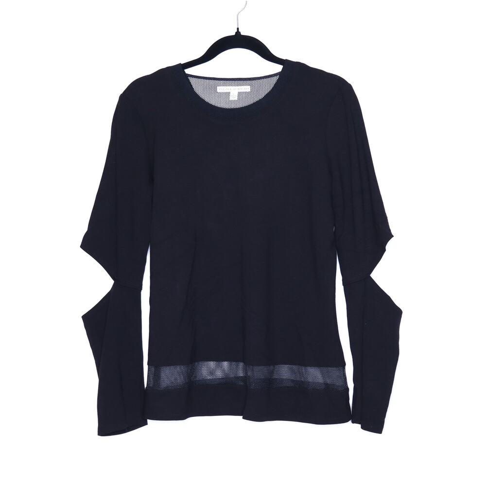 Black Long-Sleeve Cutout Knit Top with Mesh Hem